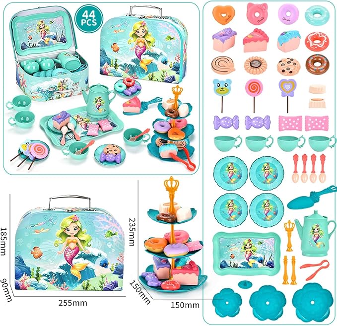 Mermaid Tea Set for Toddlers, Kids Pretend Play Tea Party Set – Plastic Kitchen Toy Teapot Set with Cups, Plates, Carrying Case, Princess Role Play Toys Birthday Gift for Girls Age 3 4 5 6
