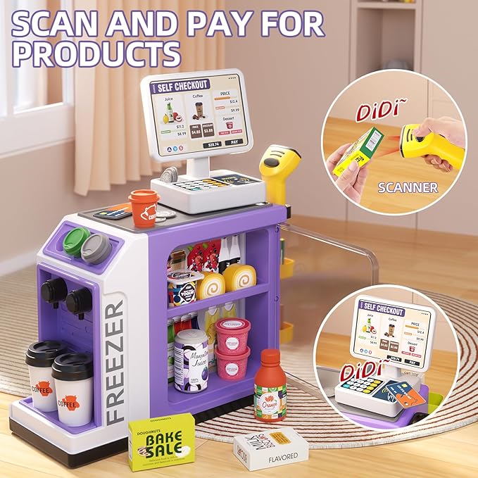 48-Piece Pretend Play Cash Register Toy Set for Kids with Water Outlet Function - Calculator, Shopping Bag, Scanners, Coffee Machine, Play Food - Gift for Boys and Girls Ages 3+ (Purple)