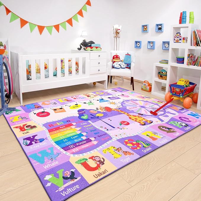Chicrug Educational Kid Area Rug for Playroom, 5x7 Feet TPR Non Slip Kids Classroom Carpet Rug for Learning ABC Animal, Shape Color Fruit, Washable Play Mat Rug for Children Nursery Toddler Room Decor