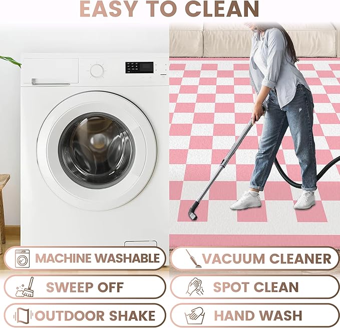 Washable 4x6 Checkered Area Rug for Living Room, Pink Checkerboard Modern Boho Large Rugs, Ultra Thin Low Pile Lightweight Soft Indoor Carpet with Non-Slip Backing for Bedroom Kids Nursery Play Room