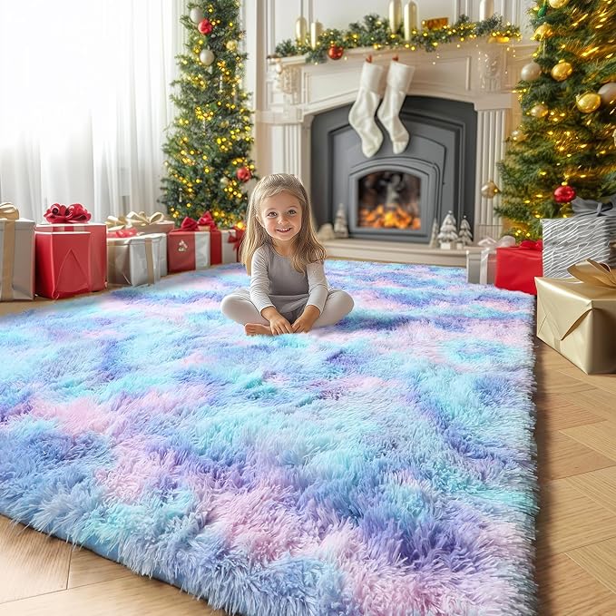 Amdrebio Purple Rainbow Rugs for Bedroom Girls Room Decor, Soft Fluffy Cute Area Rug 4x6 for Kids Room Playroom Nursery Dorm, Mermaid Stitch Frozen Fuzzy Carpet, Plush Kawaii Furry Baby Toddler Rug