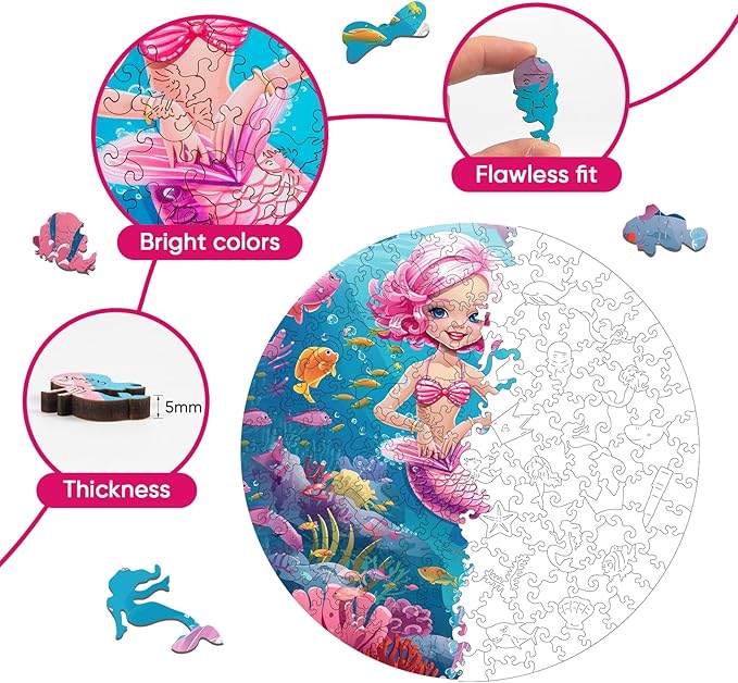 Wooden Puzzles for Adults, Mermaid Jigsaw Puzzles 200 Pieces, Unique Shape Puzzles with Wooden Box, 11.2 x 11.2 Inches Medium Size Family Game Gift, Fun Challenging Puzzles for Adults and Kids