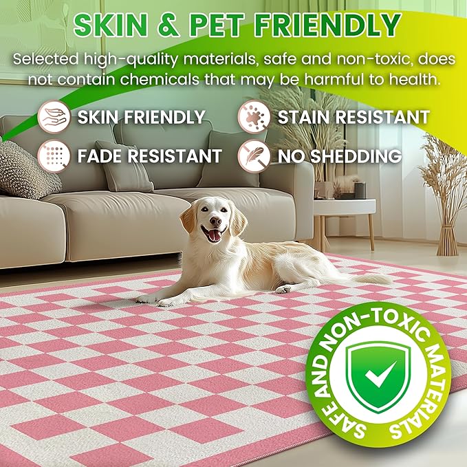 Washable 4x6 Checkered Area Rug for Living Room, Pink Checkerboard Modern Boho Large Rugs, Ultra Thin Low Pile Lightweight Soft Indoor Carpet with Non-Slip Backing for Bedroom Kids Nursery Play Room