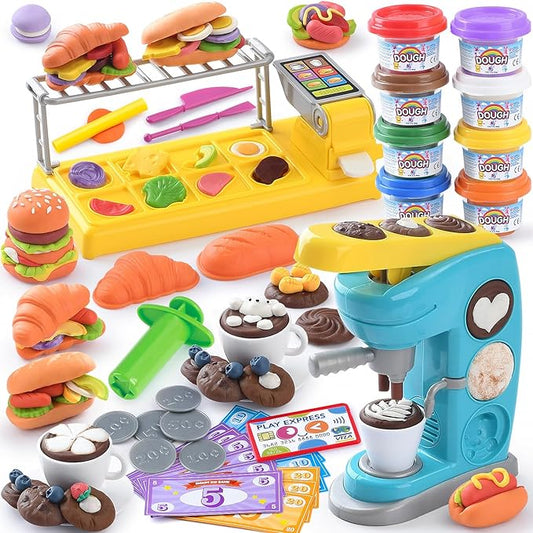 Color Dough Sets for Kids 2-4 4-8, Play Kitchen Creation Cafe Dough Toy Sets, Color Dough Tools, Coffee Maker Set Dough, Arts and Crafts Clay for Girls Boys, 8 Cans of Modeling Compound