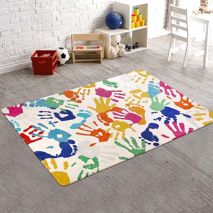 STARUIA Handprints and Footprints Kids Rug for Playroom, 3'x5' Washable Colorful Nursery Rug for Boys and Girls Room, Ultra Soft Non-Slip Carpet Indoor Mat for Classroom Bedroom