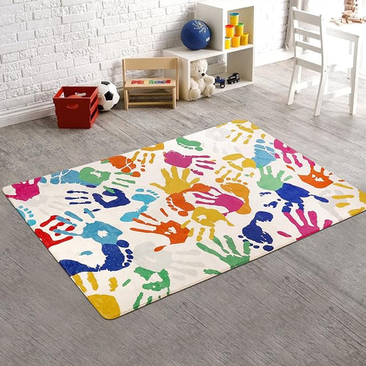STARUIA Handprints and Footprints Kids Rug for Playroom, 3'x5' Washable Colorful Nursery Rug for Boys and Girls Room, Ultra Soft Non-Slip Carpet Indoor Mat for Classroom Bedroom