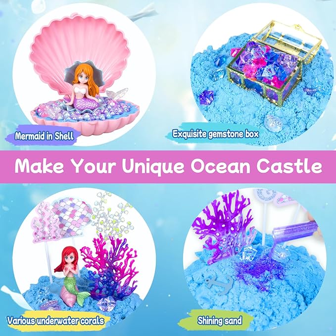 Mermaid Sensory Bin, Play Sand Art Kit with Sandbox & Accessories & Tools & Colorful Sea Shell Conch Starfish Gems Toys Set, Indoor Outdoor Pretend Play Beach Toy Birthday for Girls Boys 3 4 5 6 7 8