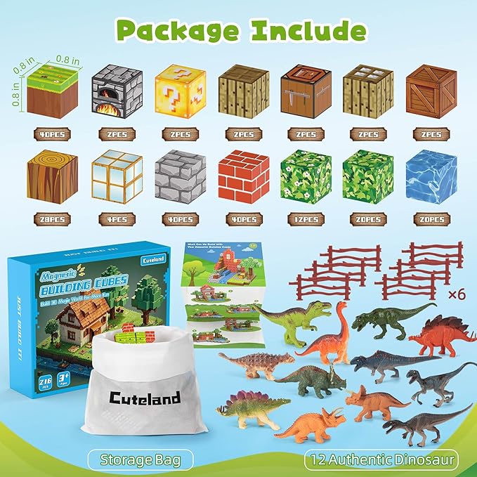 Magnetic Blocks 216Pcs Magnetic Building Blocks Toys for Boys 6-8 with 12 Dinosaur Toys, Magnetic Toys for Boys & Girls Ages 6-7 8-10