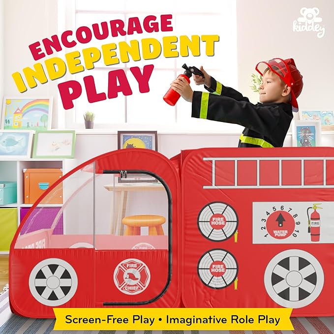 Kiddey Fire Truck Play Tent for Kids - Firetruck Tents with Sirens and Fireman Sound Button for Girls, Boys, & Toddlers Gifts - Red Fire Engine Pop Up Playhouse for Toddler - Indoor & Outdoor