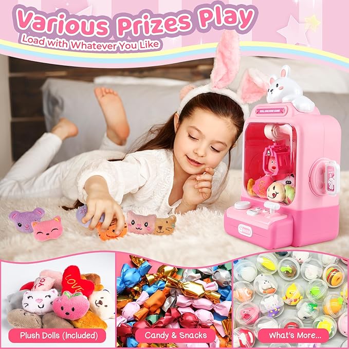 Claw Machine for Kids, Bunny Toy Glowing Arcade Game with LED Lights & Sound, Mini Rabbit Vending Machines Candy Grabber Prize Dispenser with Mini Plush Dolls, Home Party Easter Birthday Gifts
