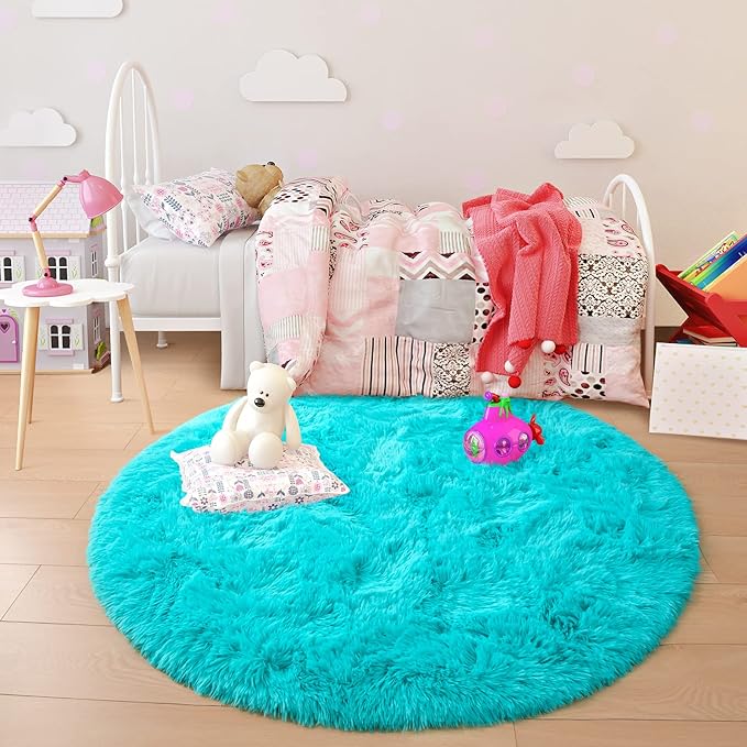 junovo Round Rug 5x5 Feet Fluffy Soft Area Rugs for Kids Girls Room Princess Castle Plush Shaggy Carpet Cute Circle Nursery Rug for Kids Girls Bedroom Baby Room Home Decor Circular Carpet, Teal Blue