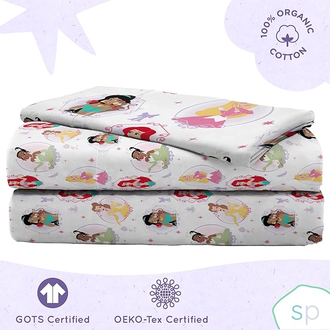 Saturday Park Disney Princess Besties Twin Sheet Set - 3 Piece 100% Organic Cotton Sheets - GOTS & Oeko-TEX Certified (Disney Official)