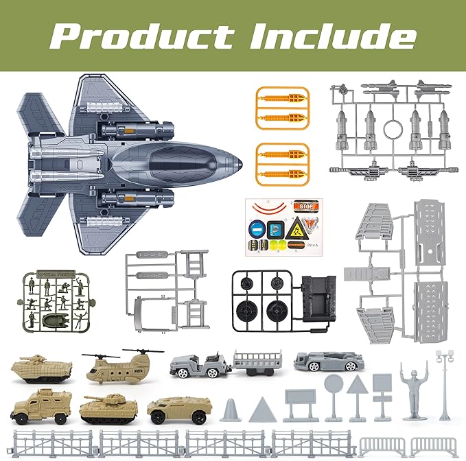 Military Fighter Jet Toys, Army Airplane Toys with 7 Vehicles Trucks Helicopter Army Men, Decorate & Launch The Missile, Birthday for Boys Girls