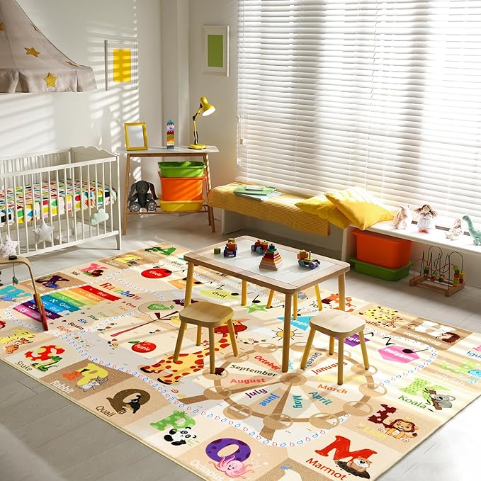 Playroom Rug Daycare Kids Rug 3x5,Educational and Fun Nursery Rug with ABC Alphabet Animals Classroom Rug Washable Kids Play Mat Baby Toddler Children Girls Rugs for Bedroom,Beige and Pink