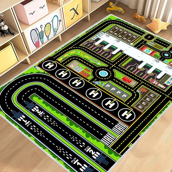 Kids Car Rug Carpet Playmat for Play Toy Cars, Airplane Road Airport Parking Track Rugs Carpet for Playroom Nursery Classroom Kids Room, Car Rug Play Floor Mat Great Gift for Boy Girl 4x6ft
