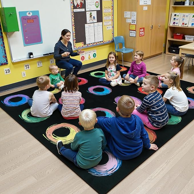 STARUIA Educational Large Carpet Classroom Rug for Kids Room, 6x8.4 Abstract Black Area Rug with Colorful Handpainted Circles, Stain-Resistant High-Traffic Kids Rugs for Playroom Elementary