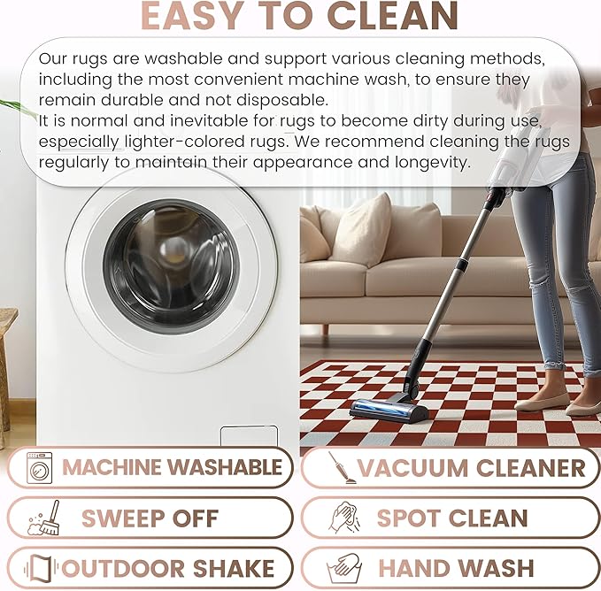 Washable 8x10 Checkered Area Rug for Living Room, Dark Red Checkerboard Modern Boho Large Rugs, Ultra Thin Low Pile Lightweight Indoor Carpet with Non-Slip Backing for Bedroom Kids Nursery Play Room