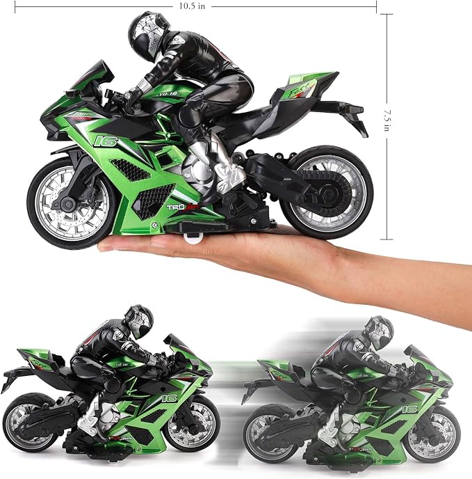 Liberty Imports 2.4G RC Remote Control Stunt Motorcycle with Riding Figure, 1:10 Scale High Speed Cross Country 360 Degree Rotation Drift Shockproof Racing Motorbike (Green)