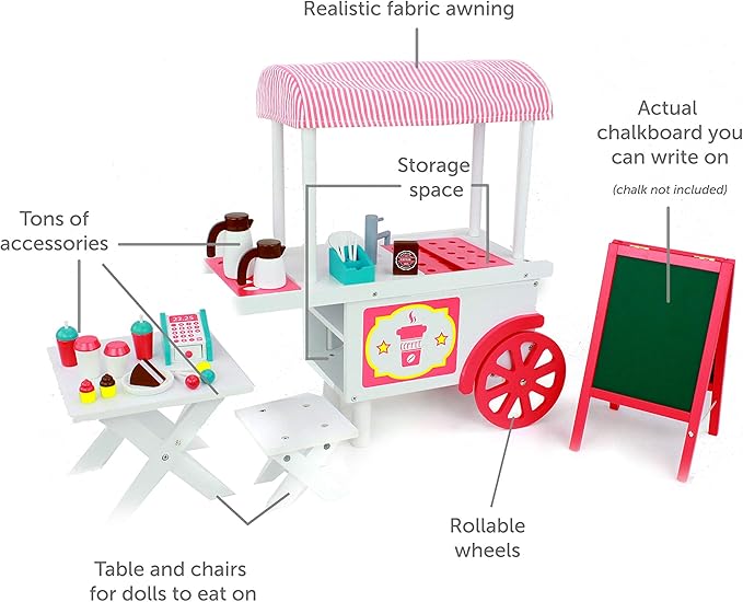 Playtime by Eimmie 18 Inch Doll Furniture Café Food Cart Set - Wooden Playset with Accessories, Fits American, Generation, My Life & Similar 14”-18” Dolls