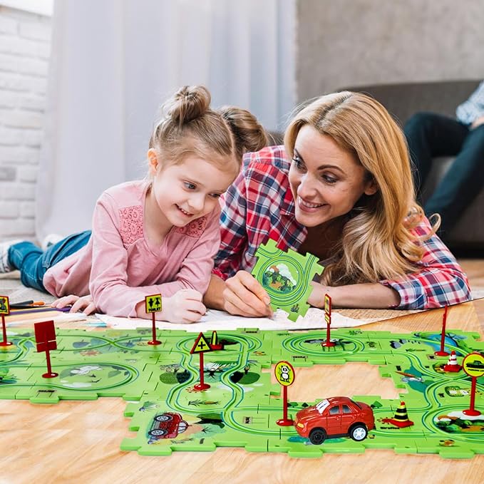 4 Year Old Boy Birthday Gift, Puzzle Racer Kids Car Track Set Puzzle Racer Car Track Set with Roadmap Puzzle Track Car Play Set Toys for 4 Year Old Boys (A-Land, Set1-25pcs)