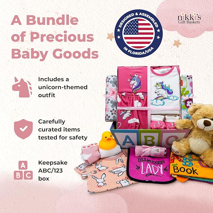 Deluxe 15-Piece New Baby Gift Basket | Newborn Baby Girl Gift Set for Expecting Moms & Parents | Baby Gift with Unicorn Clothing Set | Baby Gift Set with ABC Box | Nikki's Gift Baskets
