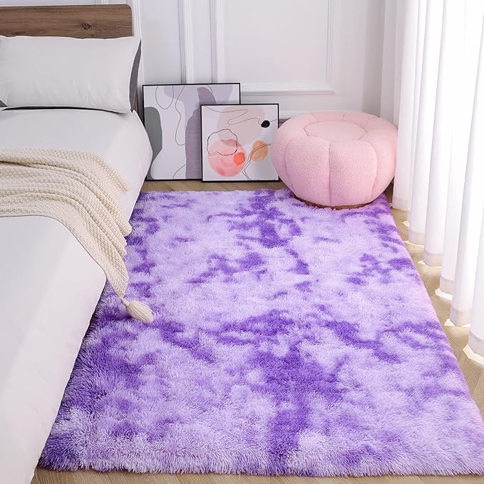 AROGAN Soft Rainbow Area Rugs for Girls Room 3x5 Feet, Fluffy Girls Bedroom Rugs, Princess Rug, Cute Colorful Carpet for Kids Teens Nursery Toddler （Purple）