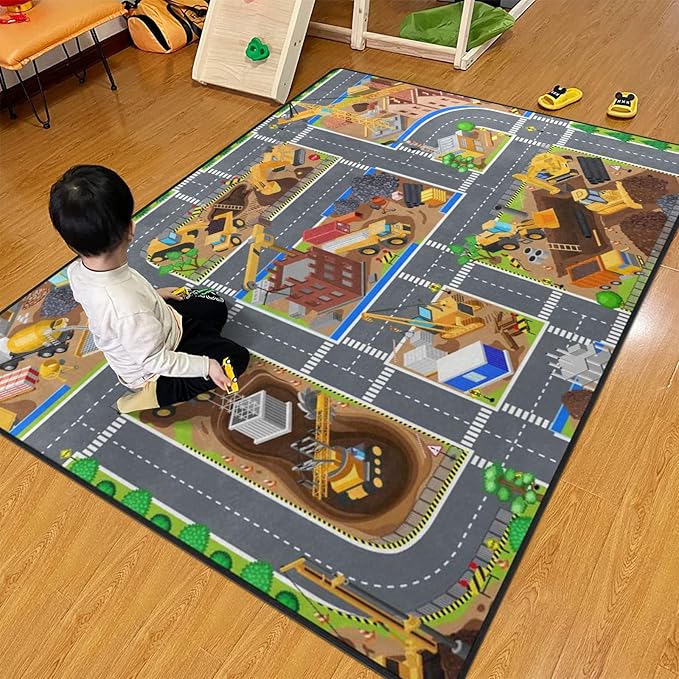 Kids Rug, Construction Site Playmat Rugs - 5x7 Ft Kids Carpet with Rubber Backing, Construction Vehicles Play Mat Nursery Rugs for Children Bedroom Playroom