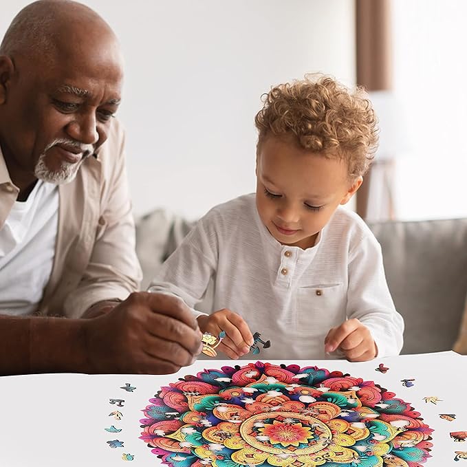Unique Wooden Jigsaw Puzzles - Flower Mandala, 200 Pcs Medium Size 10.7'' x 10.6'', Luxurious Shaped Wood Puzzle, Beautiful Package, Best Gift for Adults and Kids, Family Game