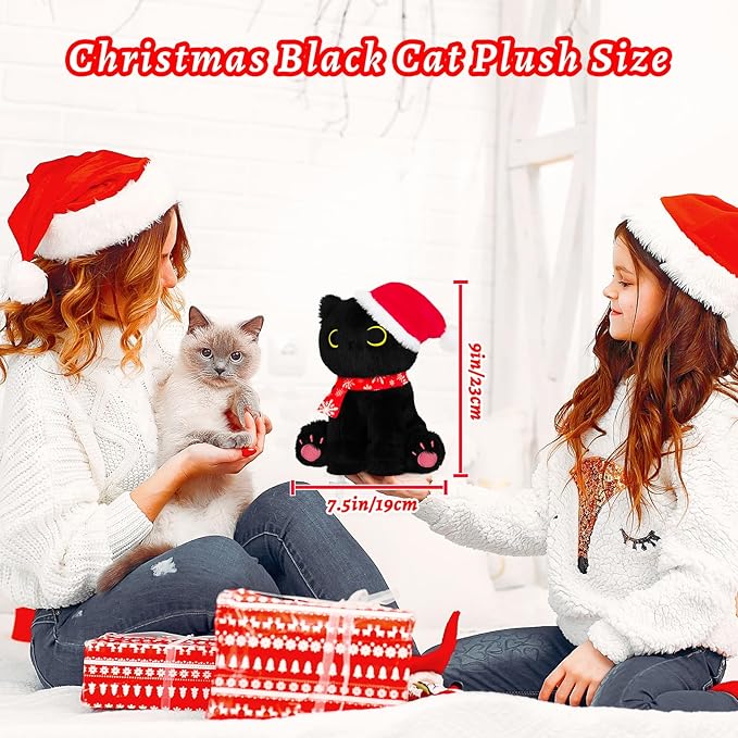 Black Cat Plush, 9In Christmas Plush Black Cat Stuffed Animals Toy for Kids, Cute Stuffed Cat Plushies Toy for Girls Boys, Kawaii Kitten for Boys and Girls