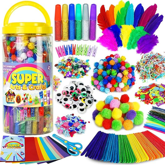 FUNZBO Arts and Crafts School Supplies for Kids -Kindergarten School Supplies Set with Glitter Glue Stick,Glue, Pipe Cleaners Craft and Kids' Scissor, Birthday Gifts for Girls Boys Age 4+