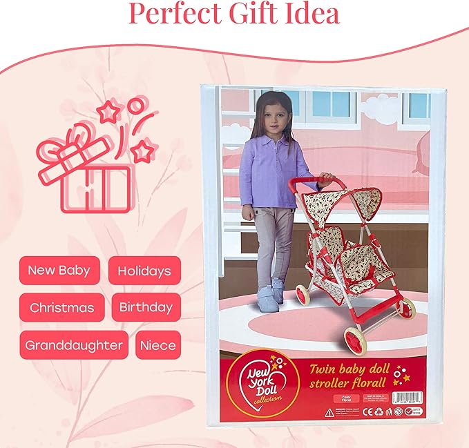 Double Doll Stroller for Baby Dolls Twin Dolls | Toy Doll Stroller for Toddlers, 4 Year Old, 5 Year Old Girls, 8 Year Old | 25” Tandem Play Toy Stroller for Baby Dolls, Floral Baby Stroller for Dolls