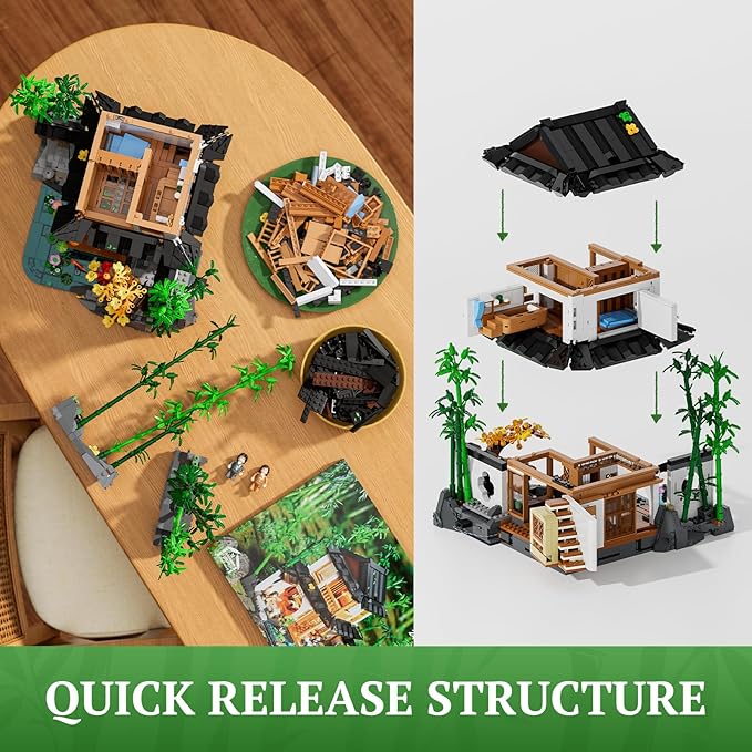 Bamboo-House Lighting Building-Bricks Set - Retro Chinese Bamboo Cabin and Treehouse Collection LED Light Set 2432 Pcs for Adults and Retro House Building Collectors