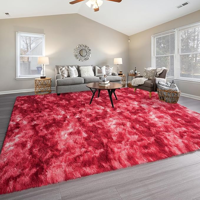 Pettop Large Shag Area Rug, 6x9 Tie-Dyed Plush Fuzzy Rugs for Living Room, Ultra Soft Shaggy Rugs for Bedroom, Non-Slip and Washable Indoor Carpet for Girls Kids Room Home Decor, Burgundy Red