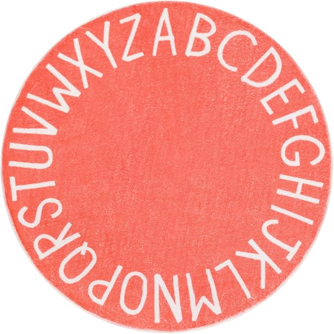Topotdor Round Kids Play Rug Alphabet Nursery Area Rug Extra Large Soft Crawling Play Mat for Children Toddlers Bedroom (47 inch,Coral)