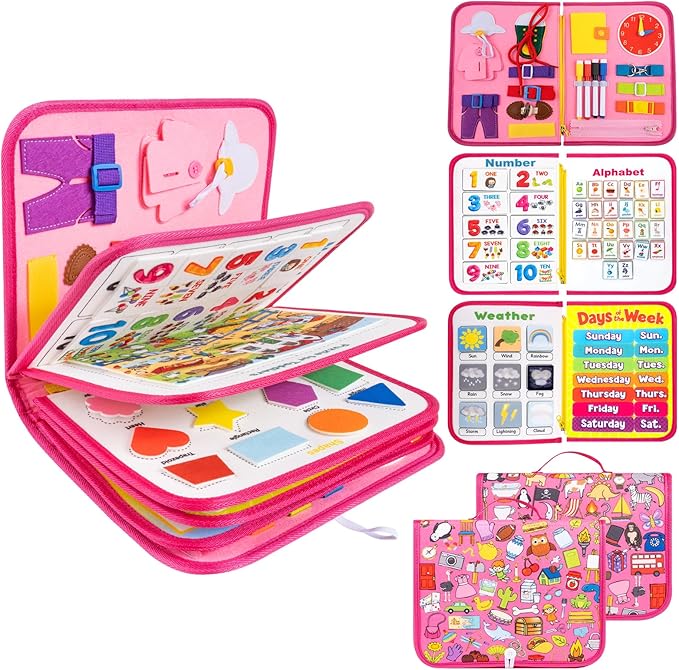 12-page Busy Board Montessori Toddler Toys for 1 2 3 4 Years Old, Busy Book for Toddlers 1-3 Girl Birthday Gift, 24 in 1 Activity Sensory Toys for Motor Skills, Travel Toy for Car Airplane (Pink)