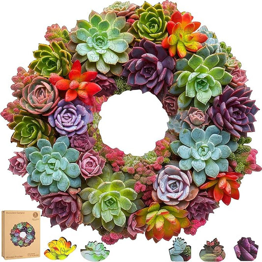 Succulent Garland Wooden Puzzles for Adults, 200 Pieces Mandala Jigsaw Puzzles, Unique Shaped Medium Size Wood Puzzle Gift for Kids, Family Game 11.3'' x 10.5''