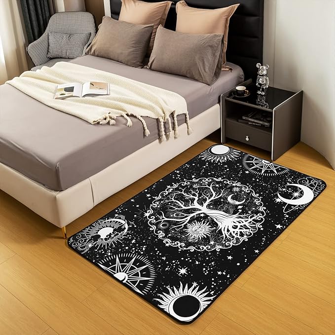 Erosebridal Tree of Life Area Rug 4x5, Sun and Moon Rug, Gothic Moth Trippy Galaxy Stars Non Slip Decorative Rug, Cosmic Celestial Stars Luxury Chic Black White Carpet for Living Room