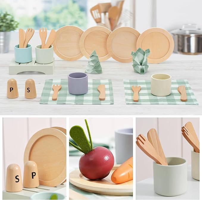 Wooden Toy Dish Set Toddler Plates and Cutlery Set Children's Kitchens Accessories Kids Role Play Food Gift for Girls and Boys