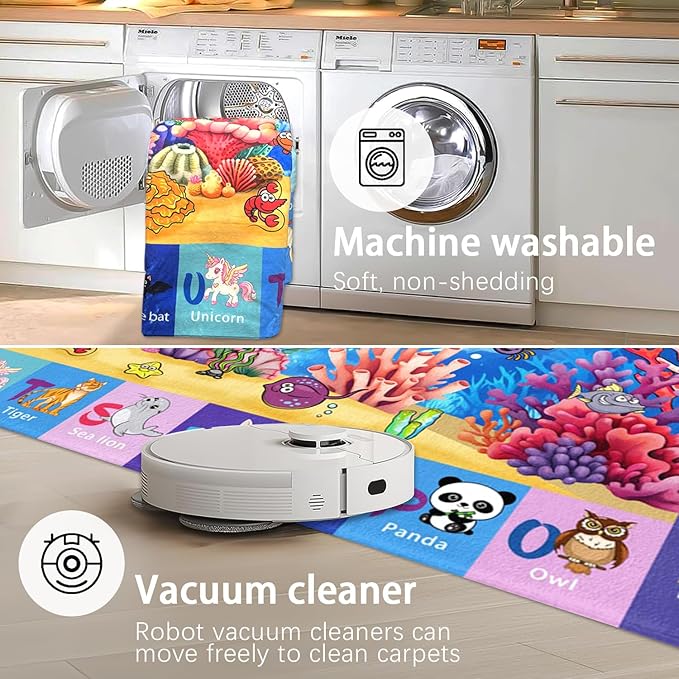 Alphabet Play Rugs for Kids Playroom, Under Ocean Sea Boys ABC Rug for Living Room 3x5 Educational Game Mat Kids Bedroom Carpet for Indoor Beach Animals Classroom Play Mat Blue Decor