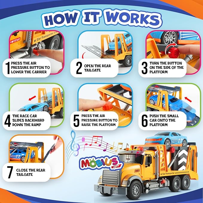 Mobius Kids Tow Truck Toy with Race Car Friction Powered Hauling Toy Tow Trucks for Boys Age 3-5 w/Flashing Lights & Sounds - Playset for Kids Boy & Girls Ages 3-9 Working Hook & 11 Cool Accessories