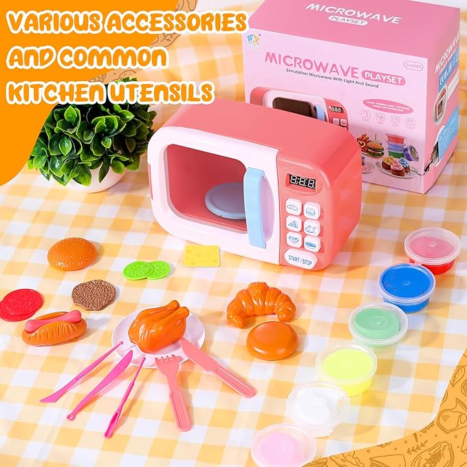 Microwave Kitchen Play Set with Light Sound for Kids with Pretend Fake Food and 6 Color DIY Play-Dough Clay Great for Toddlers 3 and Older Grils and Boys (Pink)