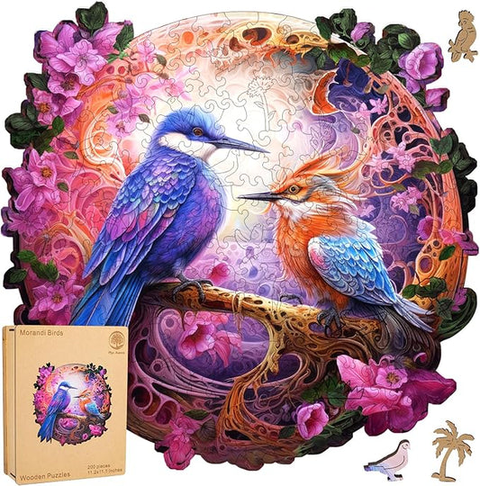 Morandi Birds Wooden Jigsaw Puzzle for Adult and Kids 200 Pcs Unique Shape Multicolor Wood Storage Box Fun Challenge Brain Teaser Family Game Creative Gift for Friends Rompecabezas Madera