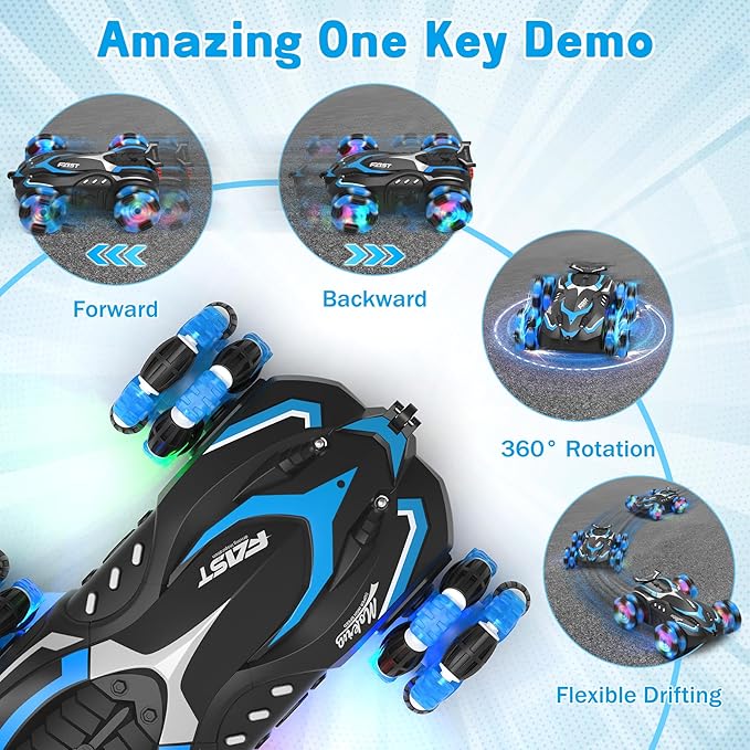 Eulogia RC Stunt Car with RGB Lights, 360° Drift & Rotation, All-Terrain Remote Control Car, Extra 2 Rechargeable Batteries, Spray, One-Key Demo, Gift for Kids Ages 5-12 (Blue)
