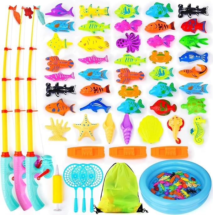 Magnetic Fishing Game 45 PC Ocean Sea Floating Fish Colorful Animals with Net Portable Storage Bag | Kiddie Pool Bathtub Game for Age 3 4 5 6 Year Kids Toddler(XX-Large Set)