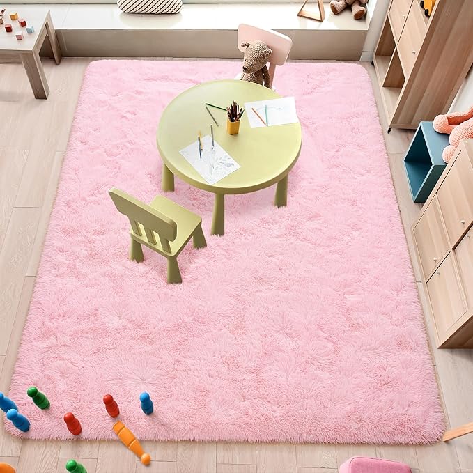 Amearea Premium Soft Area Rug 4x5.3 Feet, Pink Rugs for Living Room, Fluffy Carpet for Bedroom Nursery Playroom Teen Home Decor, Comfortable Indoor Furry Dorm Carpets, Pink