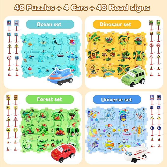 Puzzle Racer Kids Car Track Set, Kids Toys Boys 3-5, Toys for 2 3 4 5 6 Year Old Boys, Toys for Ages 2-4, Montessori Toys for 3+ Year Old, Fat Brain Toys(100Pcs, 4 Themes)