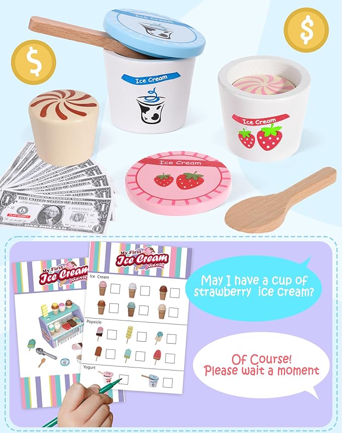 Toyssa Wooden Ice Cream Toys Play Set for Toddlers 3-5, Pretend Play Store Kids Kitchen Accessories with Scoop & Menu & Play Money, Christmas Birthday Gifts for Girls Boys 3 4 5 6 Year Old