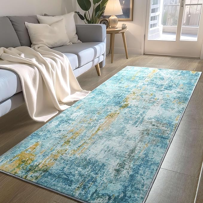 Runner Rug for Kitchen Teal Blue Hallways Runner Rug Non Slip 2'6''x8' Washable Long Runner Rugs with Rubber Backing Soft Abstract Carpet Runner for Entryway, Kitchen, Bedroom, Bathroom