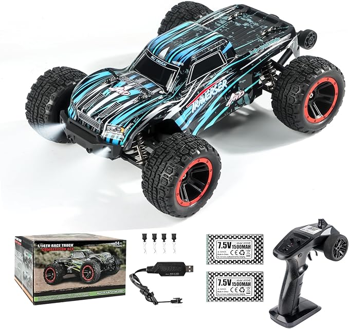 Double Delight Remote Control Car, 1:14 Scale RC Truck 38+ KM/H Speed, 2.4G All-Terrain Off-Road Truck Toy Gifts for Boys and Adults with 2 Rechargeable Batteries Provide 40+ Min Playtime (Blue)
