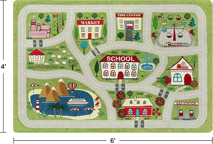 LIVEBOX Green Washable Playroom Rug, 4'x6' Non-Slip Soft Car Rug for Boys Room, Baby Nursery, Kids Floor Mats for Boys Girls Dorm Toy Room Tent
